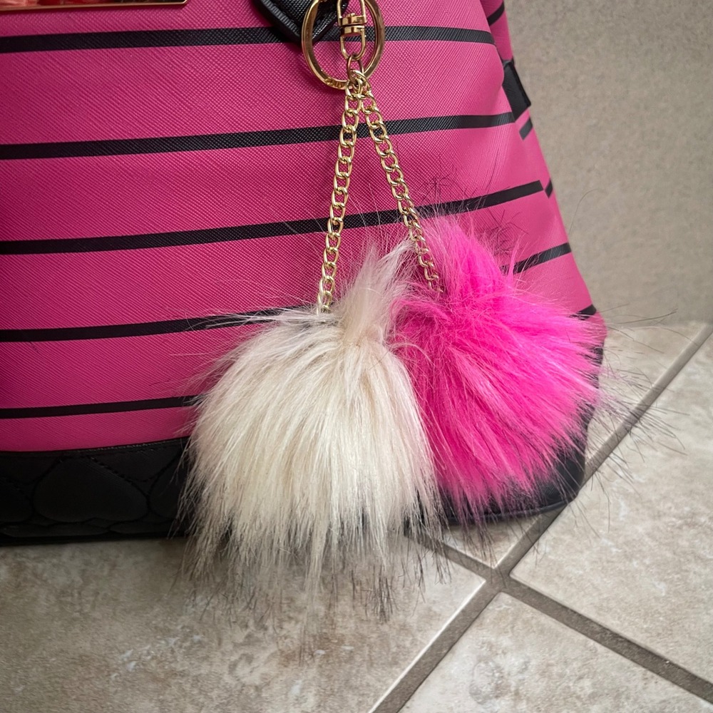 Betsey Johnson Pink Black Striped Satchel Heart Quilted Bow Pom Pom Handbag - Picture 4 of 12